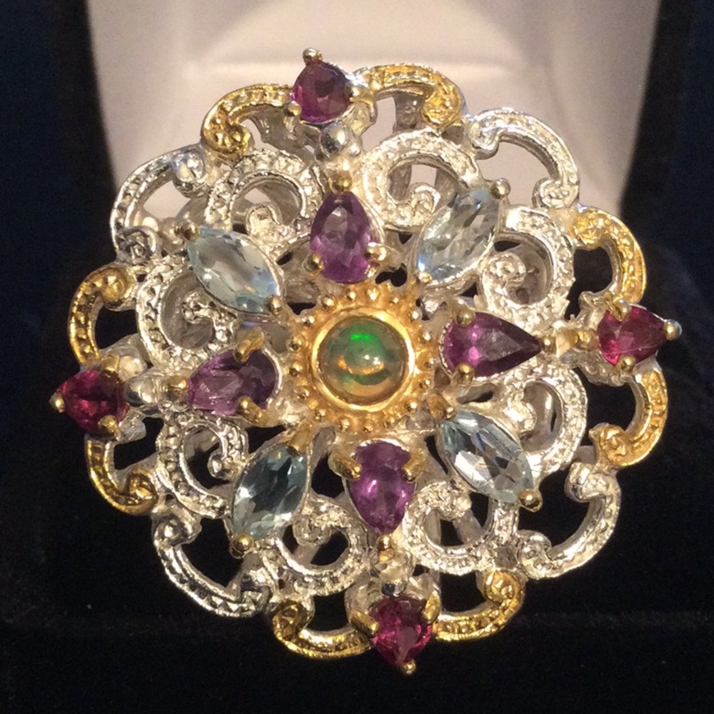 Artistic Genuine Fire Opal, Amethysts & Topaz Ring